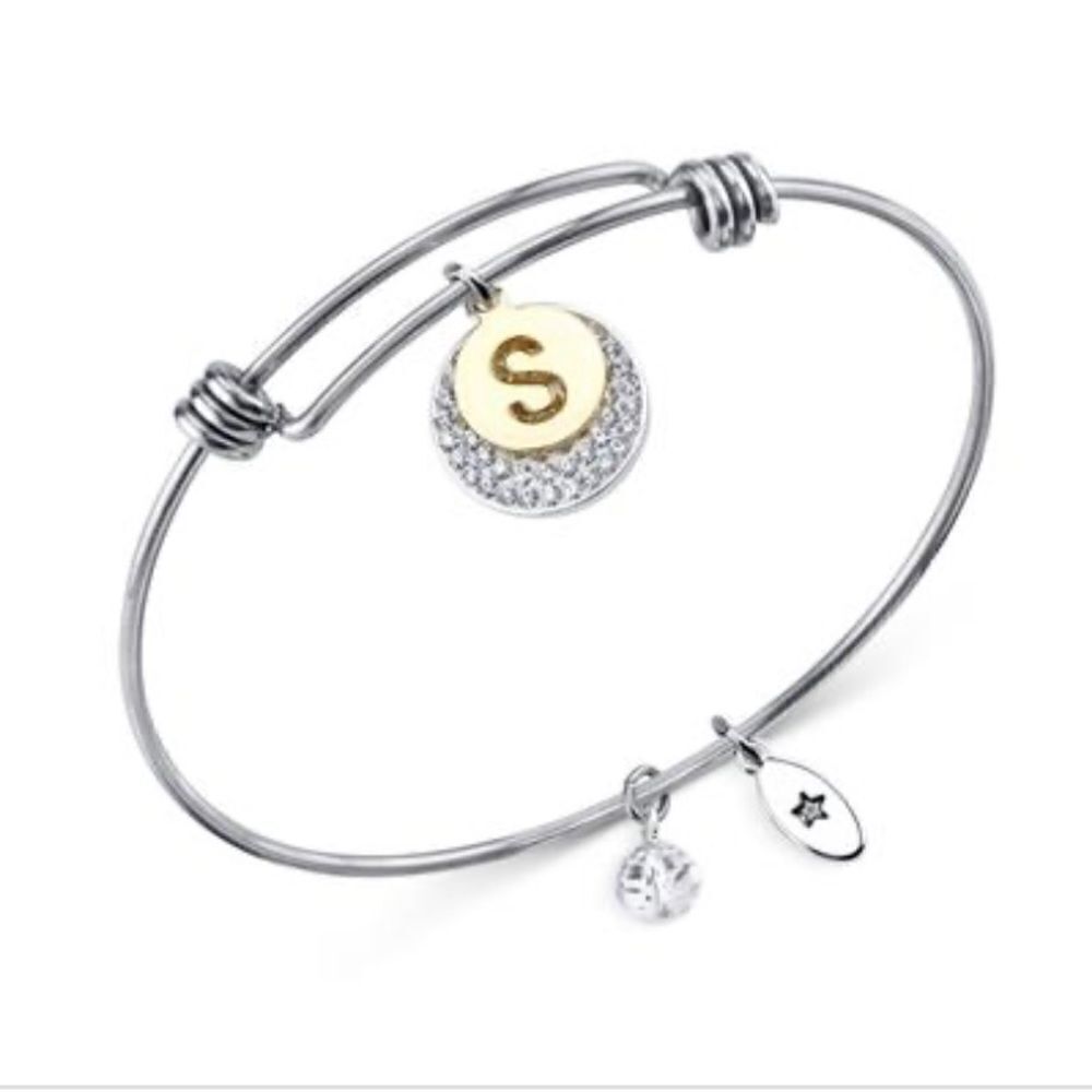 Unwritten Pave and Initial Disc Bangle Bracelet in Stainless Steel Silver Plated